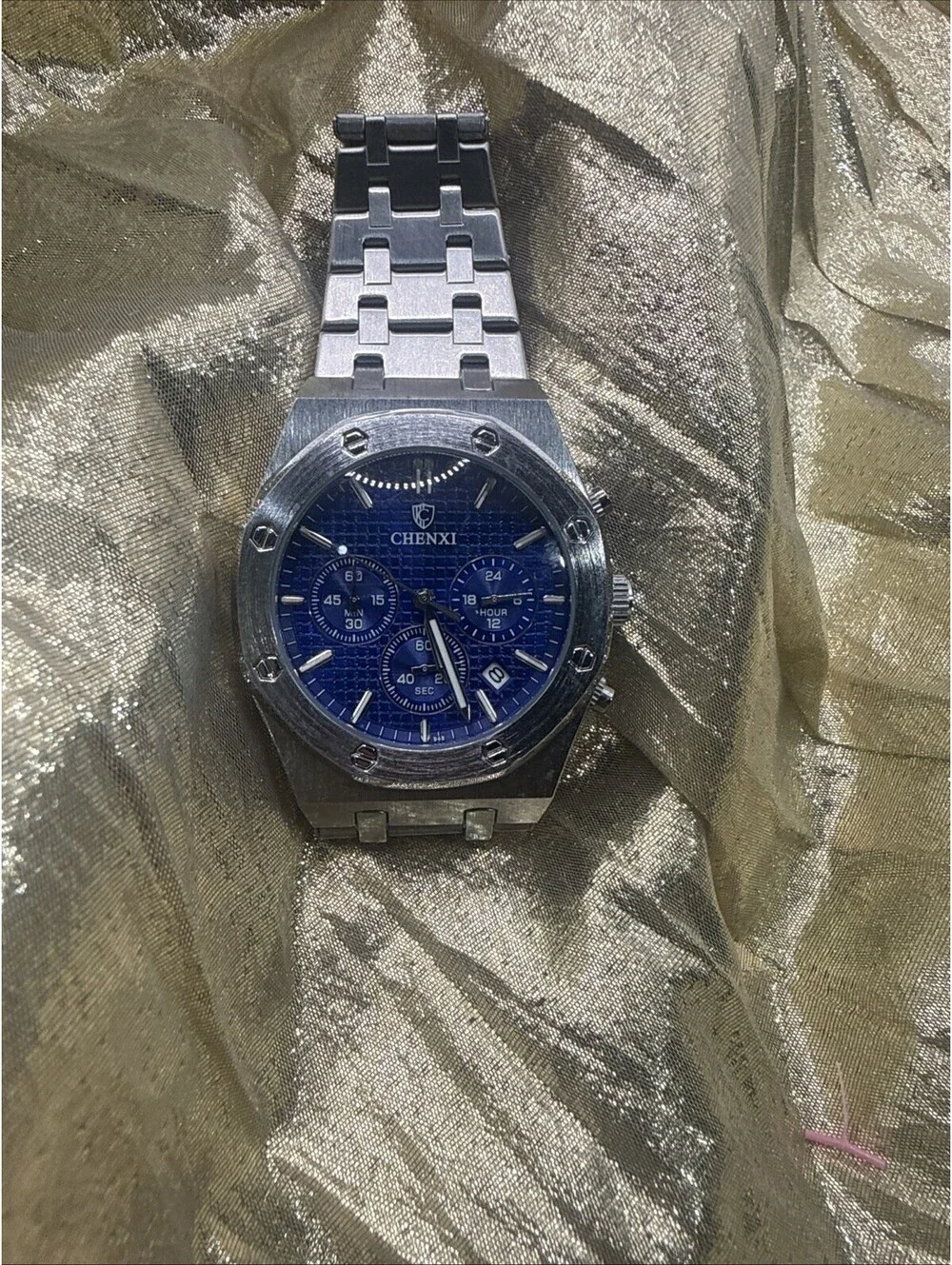 Chenxi CX 948 Quartz Chronograph Watch Mens Blue Waffle Dial Royal Oak Homage